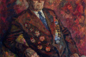 Командир дивизиона противотанковых пушек, участник взятия Будапешта и освобождения Венгрии Костоломов Георгий Александрович. 1985. ДВП, масло. 110х100. ВОКГ